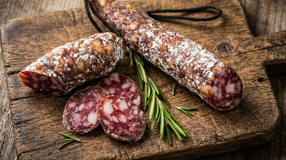 Homemade salami with a white bloom, sliced on a board