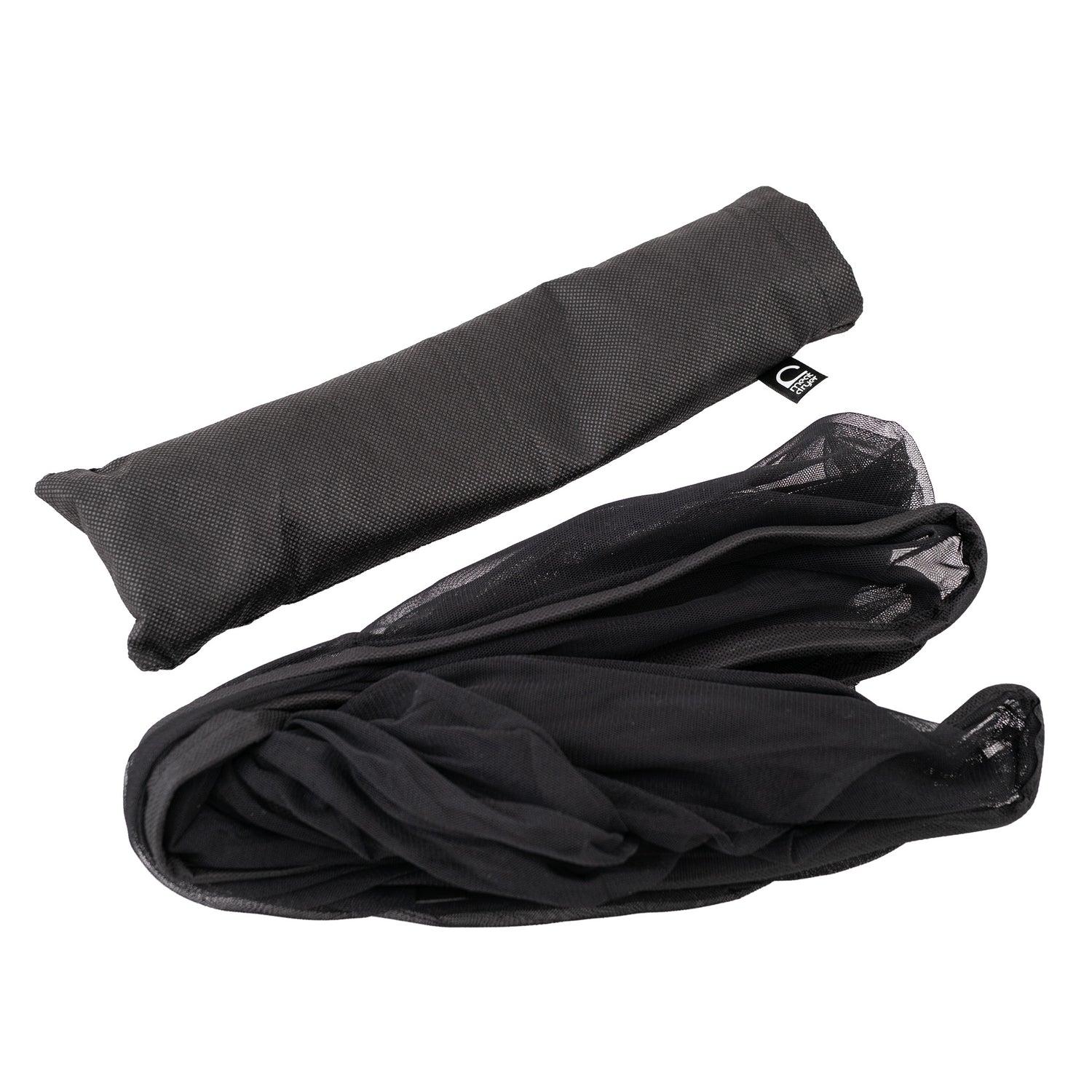 Black net to protect against flies and insects when drying meat, with a sleeve, on a white background