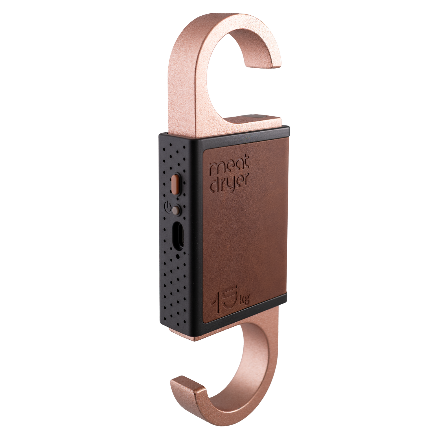 Meat dryer with copper hook and matching brown sleeve and buttons